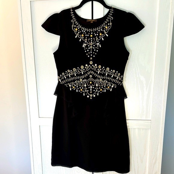 Anthropologie Vineet Bahl Black Beaded Cameo Peplum Dress 2P - Picture 2 of 13